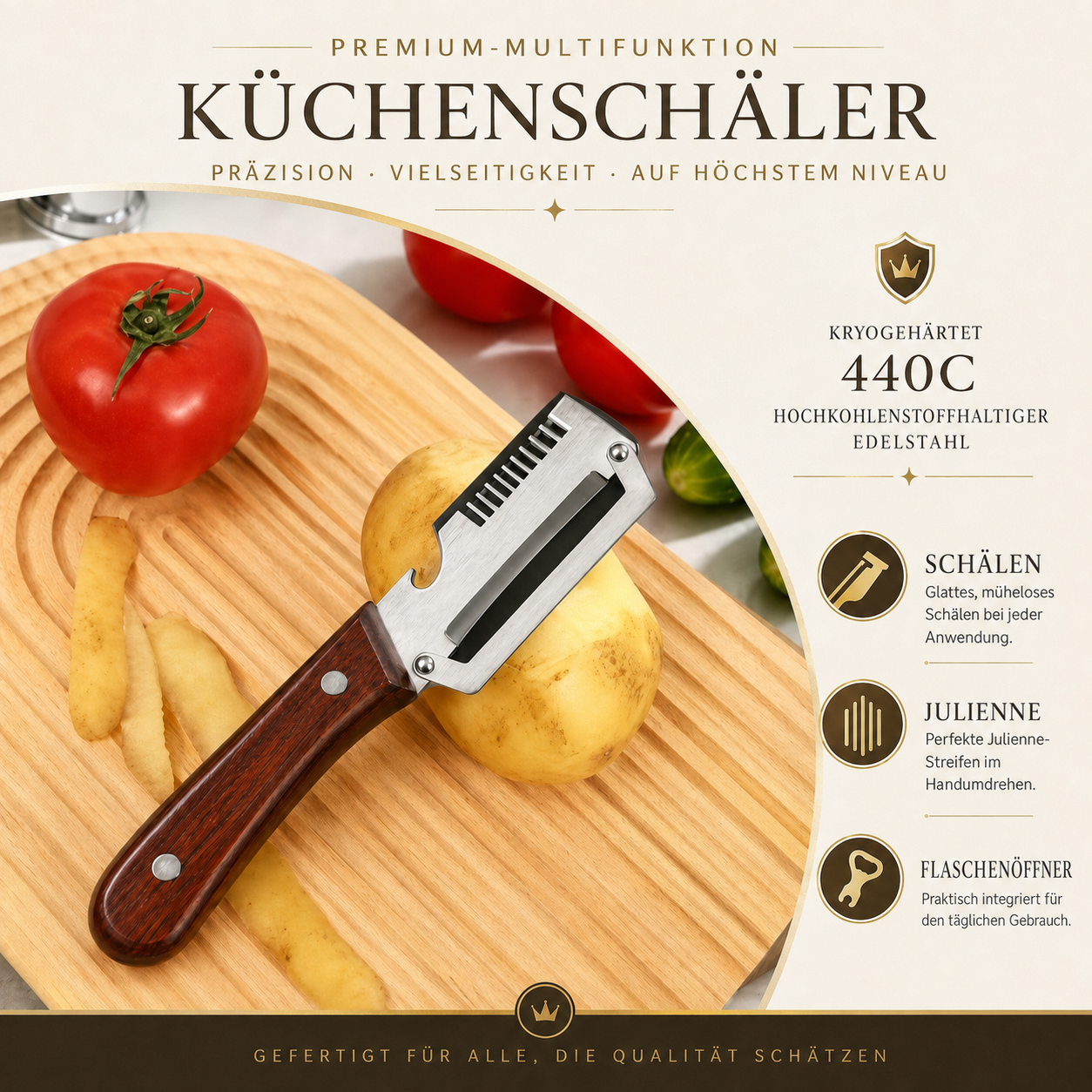 🌾 NUR HEUTE: 50 % RABATT ✨ 3-in-1-Gemüseschäler aus Edelstahl mit Holzgriff
