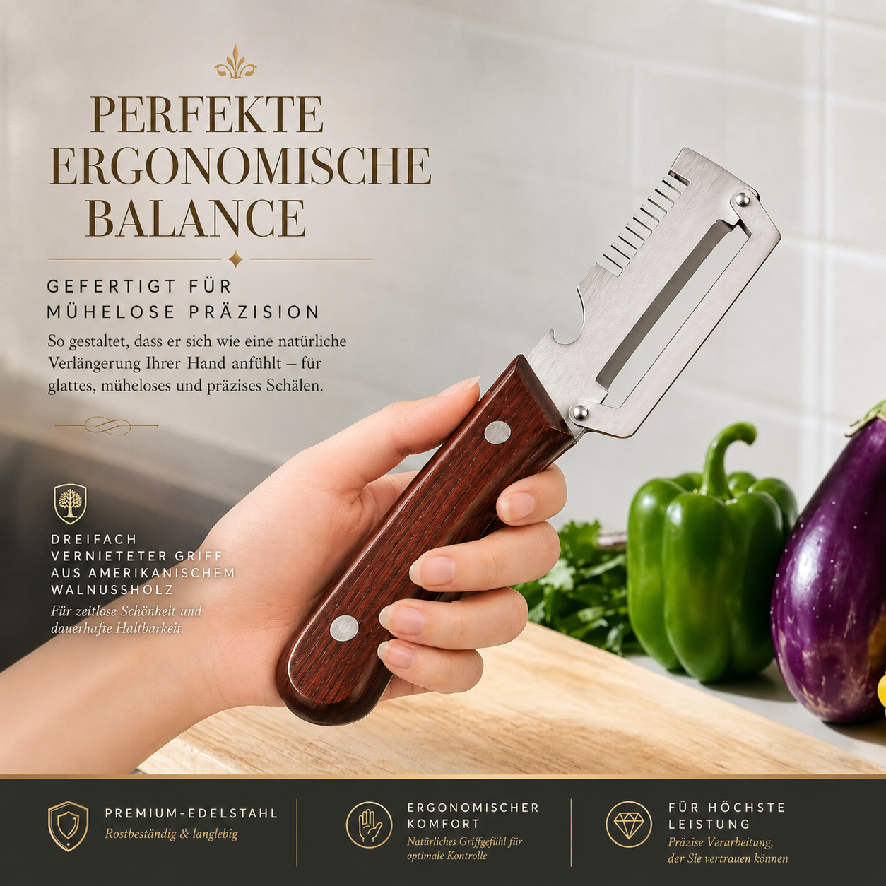 🌾 NUR HEUTE: 50 % RABATT ✨ 3-in-1-Gemüseschäler aus Edelstahl mit Holzgriff